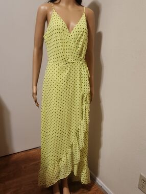Wayf Lemon Yellow Polka Dot Wrap Maxi Dress